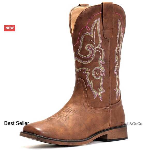Square Toe Embroidered Cowboy Boots Mid Calf Pull On Western Fashion